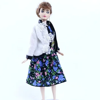 Елегантното бяло палто и Royalblue селски цвете рокля за Барби кукла екипировки ръчно изработени комплект дрехи за 1/6 куклено аксесоари