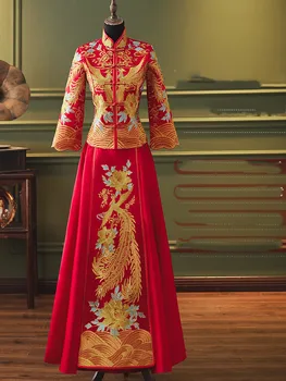FZSLCYIYI древните жени сватбена рокля Златна линия бродерия Феникс цветя китайски булки брак Рокли костюм Класически Qipao