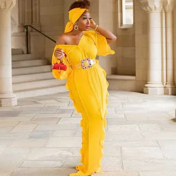 2020 нов Лято Есен Elegent стил африкански жени V-образно деколте плюс размера на дълга рокля африкански макси рокля за жените и кърпичка