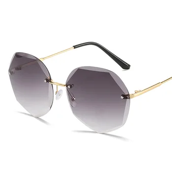 Мода Нередовни Слънчеви Очила Без Рамки Жените 2021 Нова Марка Дизайнер Полигон Наклон Слънчеви Очила Дамски Прозрачни Розови Нюанси Oculos