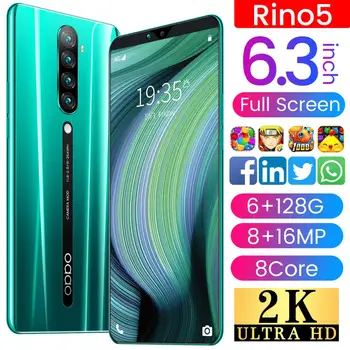 Rino5 6,3-инчов цял екран Dual SIM 4800mAh 8 Основната Andriod мобилни телефони, 16 милиона HD задната камера MTK6580 6 + 128GB смартфони