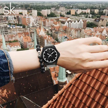 Shengke дамска мода сив кварцов часовник Дама Кожена каишка за часовник висококачествени ежедневни водоустойчив часовник подарък за съпруга на нова