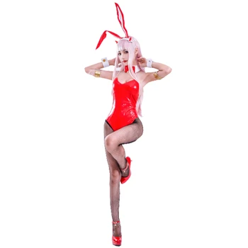 Хелоуин аниме DARLING in the FRANXX CODE:002 Zero Two Бъни Момиче cosplay костюм, перука секси жени гащеризон червен кожен костюм