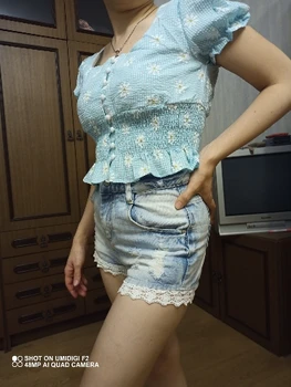 Луксозни дамски къси потници с пищни ръкави 2021 корейската мода новата дамска лятна Маргаритка еластичен колан къси блузи, ризи женски