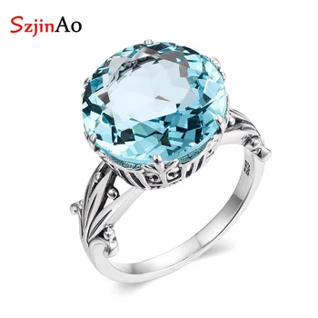 SzjinAo ръчно изработени през цялата Аквамарин пръстени за жени, твърди 925 сребро март камък луксозни сватбени украса на възпоменателни