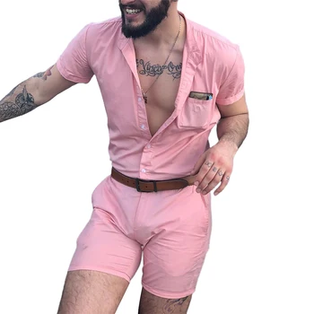Горещи нови мъжки летни комплекти мода плътен цвят с къс ръкав копчета джобовете гащеризон плъзгачи шорти ежедневни плажни мъжки комплекти 3 цвята
