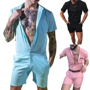 Горещи нови мъжки летни комплекти мода плътен цвят с къс ръкав копчета джобовете гащеризон плъзгачи шорти ежедневни плажни мъжки комплекти 3 цвята