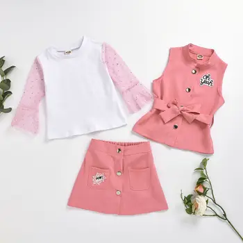2020 Детски летни дрехи от 1 до 5 години 3шт Baby Kids Girl Set жилетка, палто лейси окото блузи с дълъг ръкав тениска с мини-пола с колан облекло