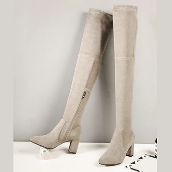Нов прием на Дамски ботуши над коляното есен-зима топло обувки на висок ток, жена Остър чорап елегантен цип високи ботуши размер 34-43