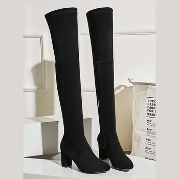 Нов прием на Дамски ботуши над коляното есен-зима топло обувки на висок ток, жена Остър чорап елегантен цип високи ботуши размер 34-43