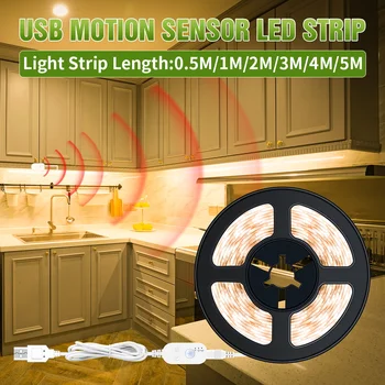 PIR Motion Sensor Auto on / off Night Light USB LED Strip Light водоустойчив шкаф стълбище кухненски шкаф Гъвкава светодиодна лампа Лента