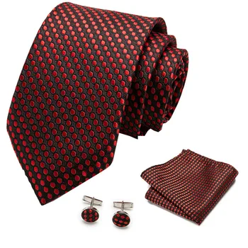 коприна вратовръзка комплект за мъже карирани вратовръзка комплекти копчета за ръкавели джоб квадратен вино-червено мъжки костюм, вратовръзка, шалче копчета за ръкавели