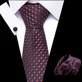 коприна вратовръзка комплект за мъже карирани вратовръзка комплекти копчета за ръкавели джоб квадратен вино-червено мъжки костюм, вратовръзка, шалче копчета за ръкавели