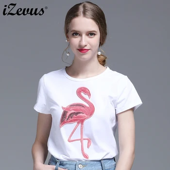 IZEVUS 2019 new women ' s short-sleeved flamingo print кръгъл отвор памук с къс ръкав тениска мода жените риза