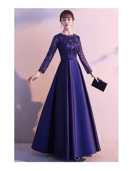 Новият царски син вечерна рокля с дълъг YN-1216 елегантен дълъг ръкав a-line дантела сатен тъмно синьо зима сватбена рокля за гости 2020