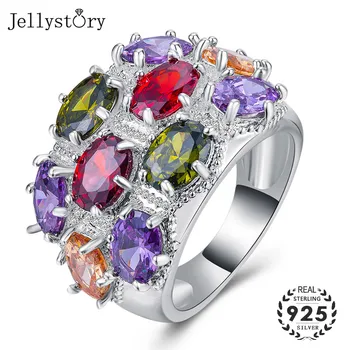 Jellystory мода цветни Топаз пръстен 925 сребро, бижута геометрична форма на Дамски пръстени Сватба парти подарък на Едро пръстен