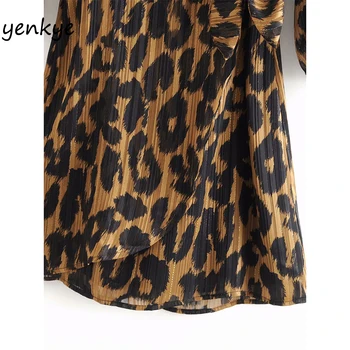 Vintage Wrap Леопард Dress жени с дълъг ръкав кръст V-образно деколте A-line мини лятна рокля robe femme AAZZ9637