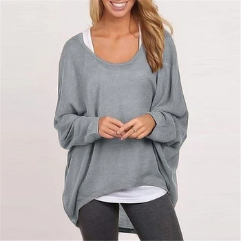 2019 есен плюс размера на Жените Ежедневна блуза Batwing с дълъг ръкав блузи нередовни подгъва свободни женски пуловер върховете WX01