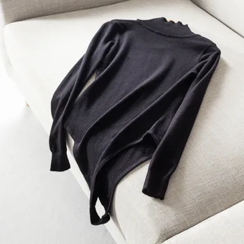 Твърди пуловери с открити рамене асиметричен дизайн висока яка с дълъг ръкав за жени слабините вязаный топ дамски пуловер тела