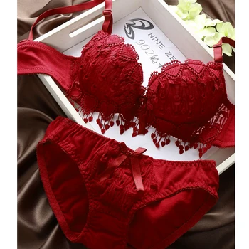 Жените Дантела И Цвете Сутиен Мека Комплект Дамско Бельо Push Up Underwear Kit Червено Вино