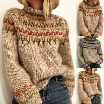 Мода за жени вязаный пуловер с висока яка пуловер с дълъг ръкав топло геометричен вълнообразни модел ленти за късна есен, зимата женски