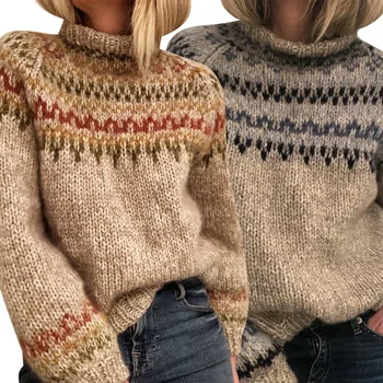 Мода за жени вязаный пуловер с висока яка пуловер с дълъг ръкав топло геометричен вълнообразни модел ленти за късна есен, зимата женски