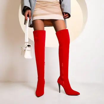 Sianie Tianie син червен флок остър чорап супер тънки високи токчета за дамски ботуши бедрото високи ботуши участък дамски ботуши над коляното