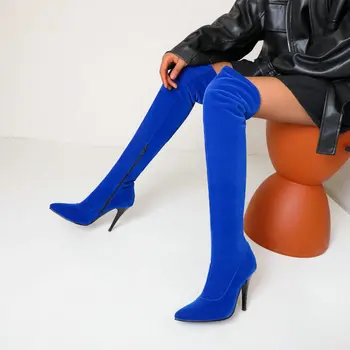 Sianie Tianie син червен флок остър чорап супер тънки високи токчета за дамски ботуши бедрото високи ботуши участък дамски ботуши над коляното