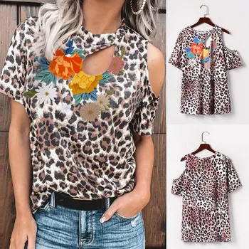 хладен Майк Дамски Ежедневни ризи лято Леопард мозайка дупка цветя с къс ръкав потник облекло за жени, camiseta mujer