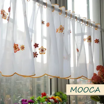 оранжево цвете бродирана с кухненски завеса завършен кратък кухненски завеса бял кафенета завеса 40x180cm