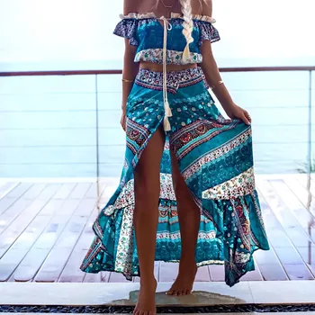 Khale Yose Summer 2 Piece Set дамски Цвете печатна двухсекционная Бохемската пола, костюм хипи Boho Chic Crop Top Beach Sets облекло