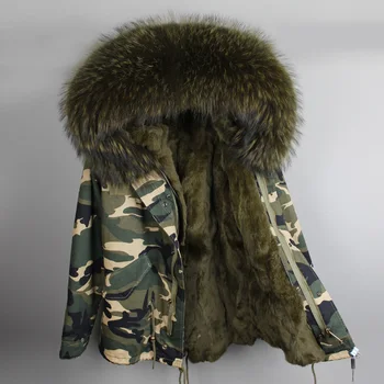 2020 мода армейски зелен женски голяма енотовый кожа яка на палто с качулка паркове на горно облекло подвижна подплата от кожа заек зимно яке