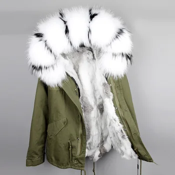 2020 мода армейски зелен женски голяма енотовый кожа яка на палто с качулка паркове на горно облекло подвижна подплата от кожа заек зимно яке