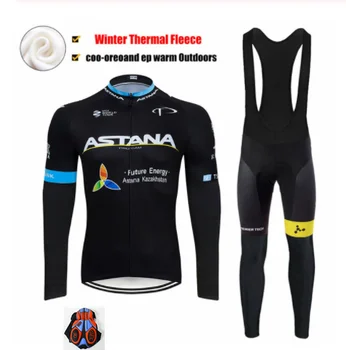 ASTANA winter equipment 2021 Джърси Колоездене черно 9D колоездене панталони комплект за мъже Термо вълнена велосипедна облекло