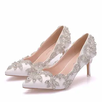 Crystal Queen Дамски обувки на високи токчета сватба тънък 7 см токчета бял диамант лъскава вечерна рокля на булката обувки Crystal помпи