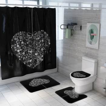 3D Черна Любов печат душ завеса водоустойчив полиестер баня завеси, комплекти с капак за тоалетна мат нескользящий килим домашен интериор