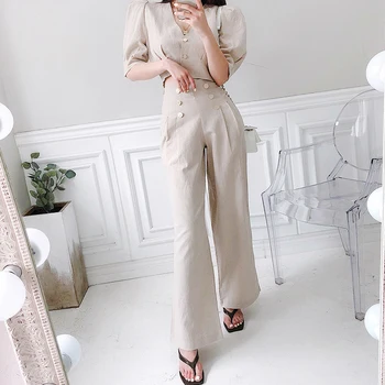Fashion set for women summer casual v-образно деколте puff sleeve work style fresh simple trend long pant and top two piece set