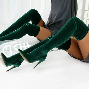 Червен зелен син плътен цвят над коляното дамски ботуши 2020 велурени ботуши с остър еластичен чорап висок ток мат високи дамски ботуши