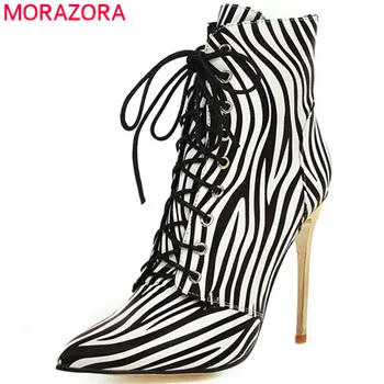 MORAZORA 2020 голям размер на 48 жени ботильоны Зебра pattern остър нос тънки високи токчета партия сватбени обувки дамски къси ботуши