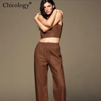 Chicology 2020 Пу Leather 2 Two Piece Matching Set Crop Tank Top Панталони За Жени Есен Зима Клуб Секси Екипировки Модни Дрехи