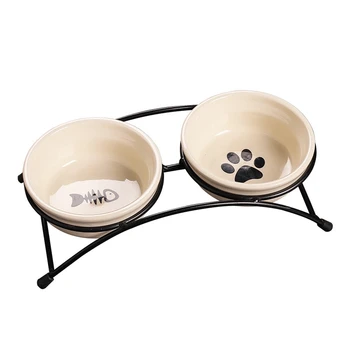 Двойна керамични котешка купа набор от Ясла за яденето на котешка съдове с метална група за кучета и котки, Бял