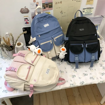 HOCODO Fashion Contrast Women Backpack Waterproof Nylon Backpack Panelled Multi-Pocket School Bag For Млади Момичета чанта през рамо
