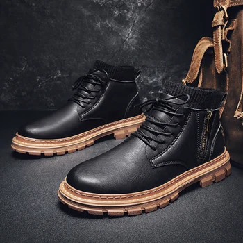 Зимна мода плюс кадифе висок топ Мартин обувки открит ежедневни топли кожени обувки класическа висококачествени мъжки обувки