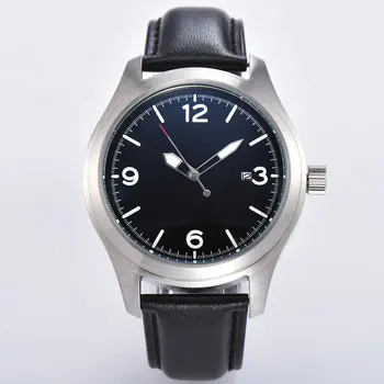 Нов Parnis 44 мм автоматични мъжки ръчен часовник механизъм Miyota 8215 авто дата матиран черен циферблат калъф кожена каишка мъжки часовник