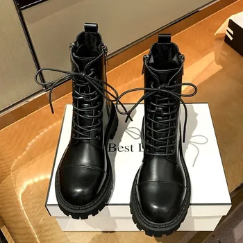 2020 модни Дамски обувки естествена кожа дантела дебели ботуши, обувки с кръгло бомбе зимни дамски Модни ботуши с кръстосани шнур