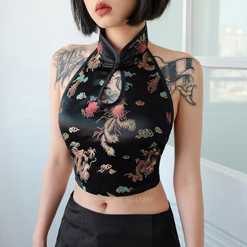2020 китайски стил Рокли облекло за жени, Момичета мода градинска Секси Златен дракон с отворена на гърба на Оглавник врата приключи crop top
