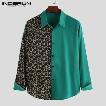 INCERUN Леопард Лоскутная риза мъжете на ревера с дълъг ръкав самоличността на върховете 2021 мода градинска марка дрехи ризи мъже копчета ризата