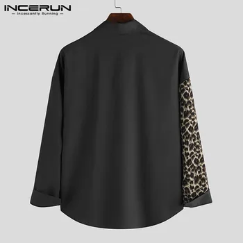 INCERUN Леопард Лоскутная риза мъжете на ревера с дълъг ръкав самоличността на върховете 2021 мода градинска марка дрехи ризи мъже копчета ризата