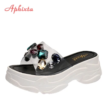 Aphixta платформа планински кристал, сандали, чехли 6 см височина увеличение пързалки прозрачна светлина дамски Клин летни чехли