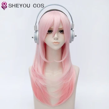 Супер Sonico Supersonico 60 см дължина розово Ombre коса, устойчиви на топлина cosplay костюм, перука + играчка слушалки за слушалки Prop